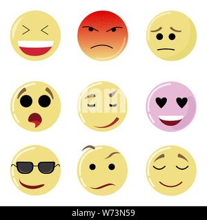 Smile set face, happy yellow emotion, emoticon expression. Vector emoji mood sad, facial happiness laugh, message social, network, chatting messaging Stock Vector