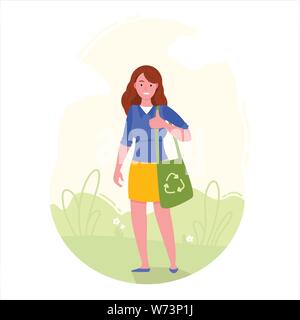 Girl is holding eco bag with recycling symbol. Stock Vector