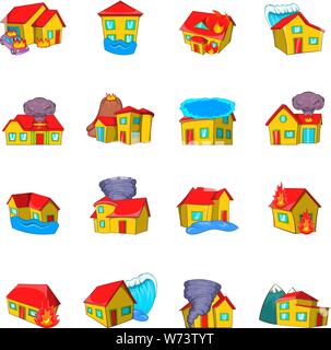 Destroyed house icons set, cartoon style Stock Vector
