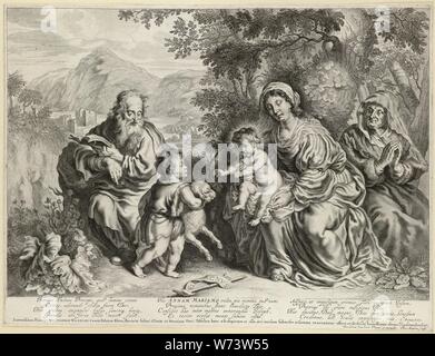 De Heilige Familie met Elisabet en Johannes de Doper in landschap. Stock Photo