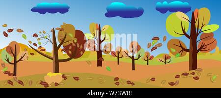 Panoramic of landscape in autumn, Vector illustration of horizontal banner of autumn landscape beatifull nature of trees with red, orange and yellow l Stock Vector