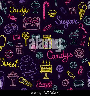 Seamless pattern of candys, cakes, sweets and desserts. Hand drawn vector illustrations Stock Vector