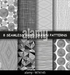 Set of four seamless hand drawn graphic patterns. Made in vector Stock Vector