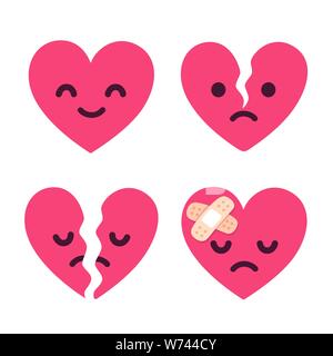 Cartoon broken heart fixed with bandage. Cute sad face character set, breakup and heartbreak vector illustration. Stock Vector