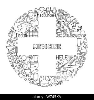 Hand drawn medicine icon set. Healthcare doodle icons. Vector doodle illustrations. Stock Vector