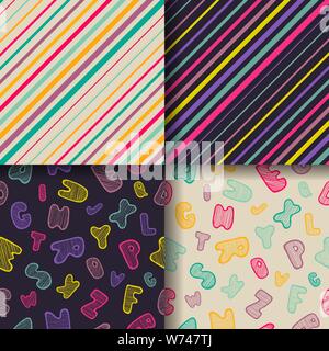 Set of four seamless background with hand drawn doodle alphabet and colorful diagonal stripes. Colorfull handwriting font. Abstract diagonal striped background Stock Vector