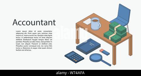 Accountant desktop concept banner, isometric style Stock Vector