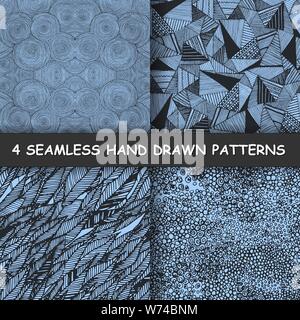 Set of four seamless hand drawn graphic patterns. Geometrical textures. Seamless background with triangles, circles, leaves. Made in vector Stock Vector