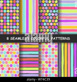 Set of eight colorful seamless hand drawn graphic patterns with dotted and stripes. Polka dotted pattern. Striped background. Made in vector Stock Vector