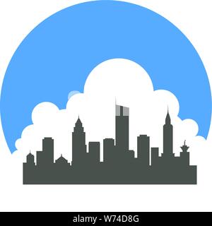 Circular badge with a forest in front of a city in front of a large cloud using positive & negative space. Stock Vector