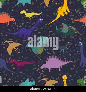 Hand drawn seamless pattern with dinosaurs. Perfect for kids fabric, textile, nursery wallpaper. Vector illustration. Stock Vector