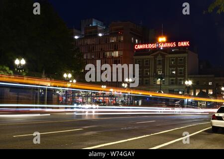 Long exposures of Harvard Square and Harvard University at night in Cambridge, Massachusetts, USA Stock Photo