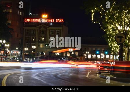 Long exposures of Harvard Square and Harvard University at night in Cambridge, Massachusetts, USA Stock Photo
