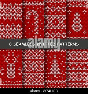 Set with eight seamless winter patterns. Red and white knitted background in scandinavian style with snowflakes, deer, Christmas tree, snowman. Stock Vector