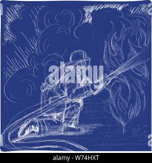 Fireman sketch illustration hosing down a blazing fire. Stock Vector