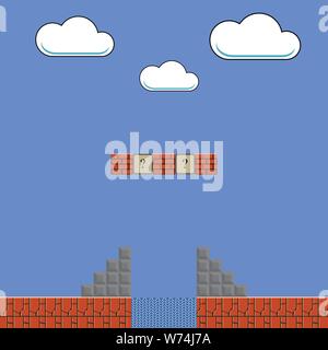 Old Game Background. Classic Retro Arcade Design with Red Brick. Video-Game Interface Design Elements. Stock Vector