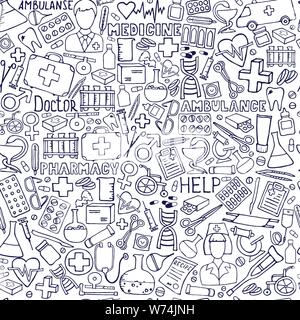 Hand drawn medicine pattern. Health care, pharmacy doodle seamless background. Vector doodle illustrations. Stock Vector