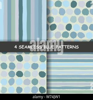 Set of four blue seamless hand drawn graphic patterns with dotted and stripes. Polka dotted pattern. Striped background. Made in vector Stock Vector