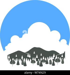 Clouds, mountains & mixed trees, with alternating positive and negative space,  in a circular badge Stock Vector