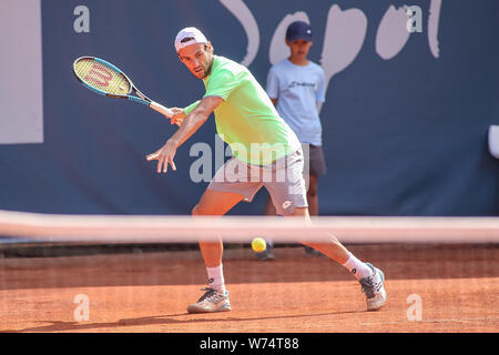 Stefano Travaglia (ITA) seen in action final match between Stefano Travaglia (ITA) and Filip Horansky (SVK) at Tennis ATP Challenger BNP Paribas Sopot Open.  (Final score: 6:4,2:6,6:2) Stock Photo