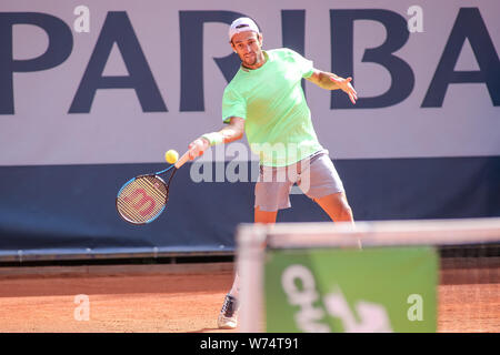 Stefano Travaglia (ITA) seen in action final match between Stefano Travaglia (ITA) and Filip Horansky (SVK) at Tennis ATP Challenger BNP Paribas Sopot Open.  (Final score: 6:4,2:6,6:2) Stock Photo