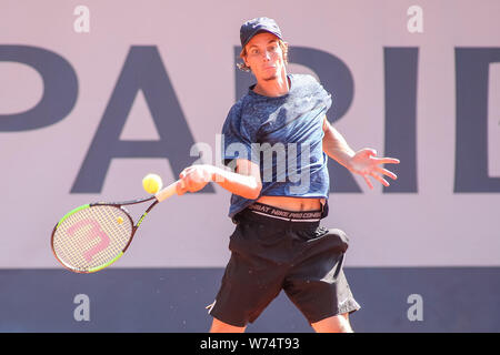 Filip Horansky (SVK) seen in action during the final match between Stefano Travaglia (ITA) and Filip Horansky (SVK) at Tennis ATP Challenger BNP Paribas Sopot Open. (Final score: 6:4,2:6,6:2) Stock Photo