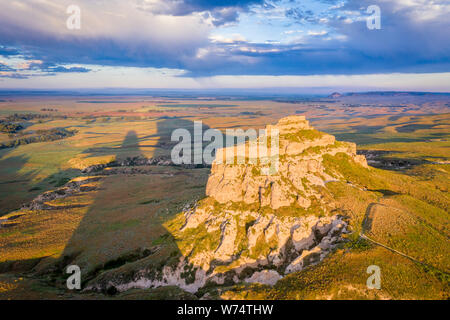 Jail Rock on Nebraska Panhandle - aerial view at summer sunrise with a long shadow Stock Photo