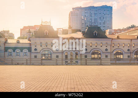 VLADIVOSTOK, RUSSIA - AUGUST 2, 2019: The building of the Railway Station of the Far Eastern capital of Russia Vladivostok, located in Primorsky Krai Stock Photo