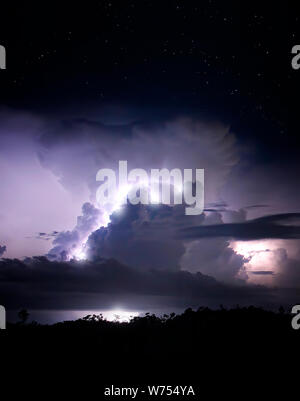 Lightning lights up the clouds of a thunderhead during a nighttime storm in Everglades National Park. Stock Photo