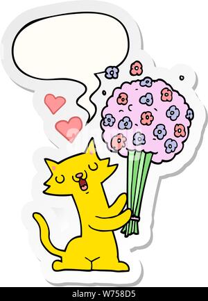 cartoon cat in love with flowers with speech bubble sticker Stock Vector