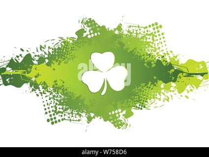 White shamrock clover on green grunge blot background. St. Patricks Day vector design Stock Vector