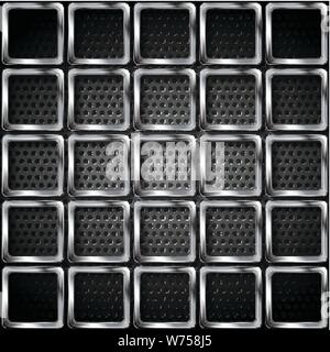 Metallic squares on perforated texture. Abstract tech vector background Stock Vector