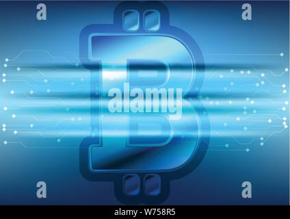 Blue technology background with bitcoin money emblem and circuit board lines. Internet digital crypto currency symbol Stock Vector