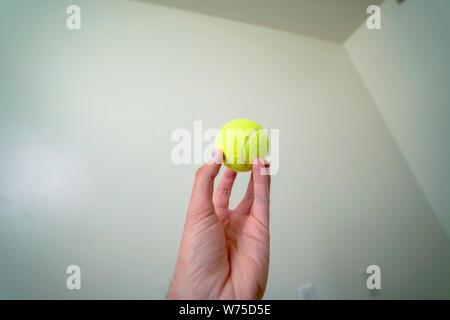 Hand holding a small ball isolated against a shiny white wall background Stock Photo