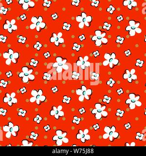 Floral seamless vector pattern. Hand drawn sketched flowers retro red dotted texture. Stock Vector