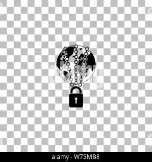 Earth globe in strong chain. Black flat icon on a transparent background. Pictogram for your project Stock Vector