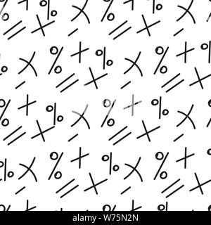 Abstract seamless patterns with punctuation marks, hashtag,mathematical symbols on white backgroung. Hand sketched elemements for school design, paper Stock Vector