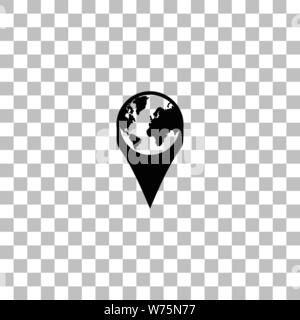 Globe pin. Black flat icon on a transparent background. Pictogram for your project Stock Vector