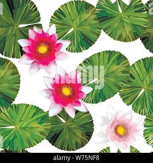 Red lotus lily blooming on white background with leaves, nature background Stock Vector