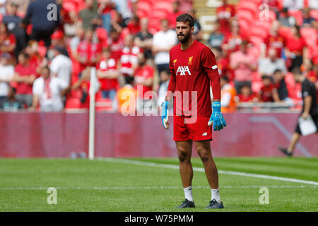 London, UK. 04th Aug, 2019. Alisson Becker of Liverpool seen during the 2019 FA Community Shield match between Liverpool and Manchester City at Wembley Stadium, London, England on 4 August 2019. Photo by Carlton Myrie. Editorial use only, license required for commercial use. No use in betting, games or a single club/league/player publications. Credit: UK Sports Pics Ltd/Alamy Live News Stock Photo