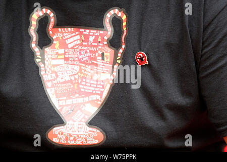 London, UK. 04th Aug, 2019. A Liverpool fan's shirt with the European cup and club badge attached during the 2019 FA Community Shield match between Liverpool and Manchester City at Wembley Stadium, London, England on 4 August 2019. Photo by Carlton Myrie. Editorial use only, license required for commercial use. No use in betting, games or a single club/league/player publications. Credit: UK Sports Pics Ltd/Alamy Live News Stock Photo