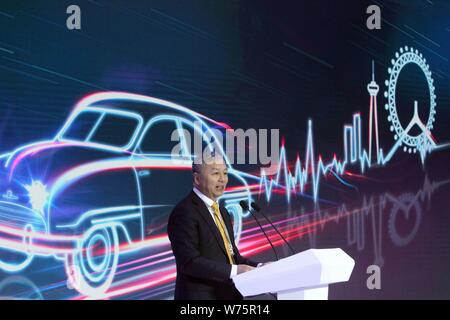 Jiang Dalong, chairman of National Electric Vehicle Sweden (NEVS), delivers a speech during the off-line ceremony for its first NEVS 9-3 series EV at Stock Photo