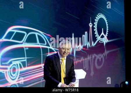 Jiang Dalong, chairman of National Electric Vehicle Sweden (NEVS), delivers a speech during the off-line ceremony for its first NEVS 9-3 series EV at Stock Photo