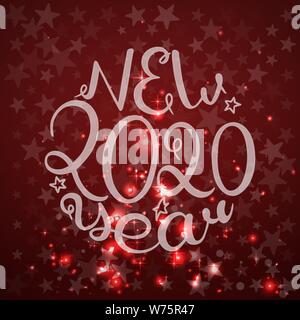 2020 New Year. Calligraphic text. Vector illustration. Red background with stars Stock Vector