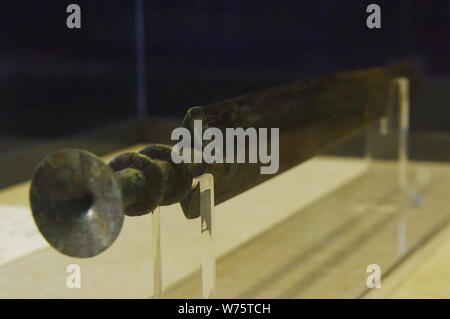 View of a bronze sword of King Goujian of Yue (reigned 496 BCE - 465 BCE) inlaid with gold and silver on display at Xilin Yingshe Auction's autumn auc Stock Photo