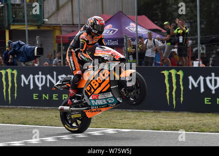 Brno, Czech Republic. 04th Aug, 2019. Road racer Fabio Di Giannantonio (Italy) is seen in the finish as second of the Moto2 category race during the Czech Republic motorcycle Grand Prix 2019 in Brno Circuit, Czech Republic, on August 4, 2019. Credit: Vaclav Salek/CTK Photo/Alamy Live News Stock Photo