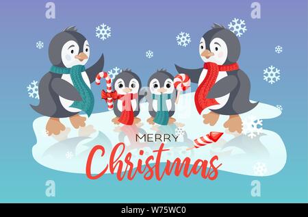 Winter Holiday vector christmas card with smiling cute penguins family Stock Vector