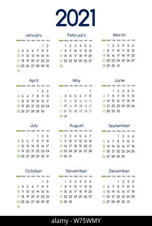 Vector 2021 new year calendar planner template in minimal table simple style blue and green color,Holiday event adenda,Week Starts Sunday.12 month lay Stock Vector