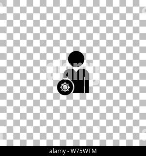 User with Gear. Black flat icon on a transparent background. Pictogram for your project Stock Vector