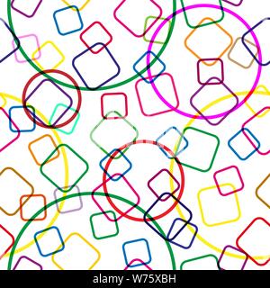 Seamless pattern of colored intersecting squares and circles, transparent background, modern random colors. Ideal for textiles, packaging, paper print Stock Vector
